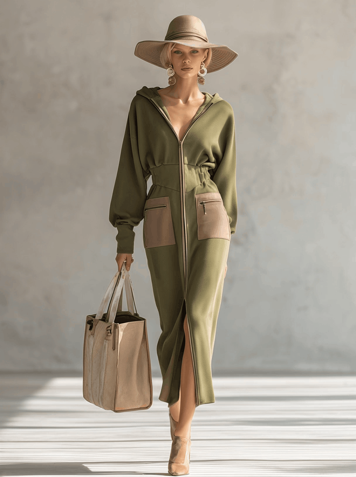 Robe Maxi Élégante à Manches Longues avec Capuche et Fermeture Éclair en Olive – Silhouette Affinée