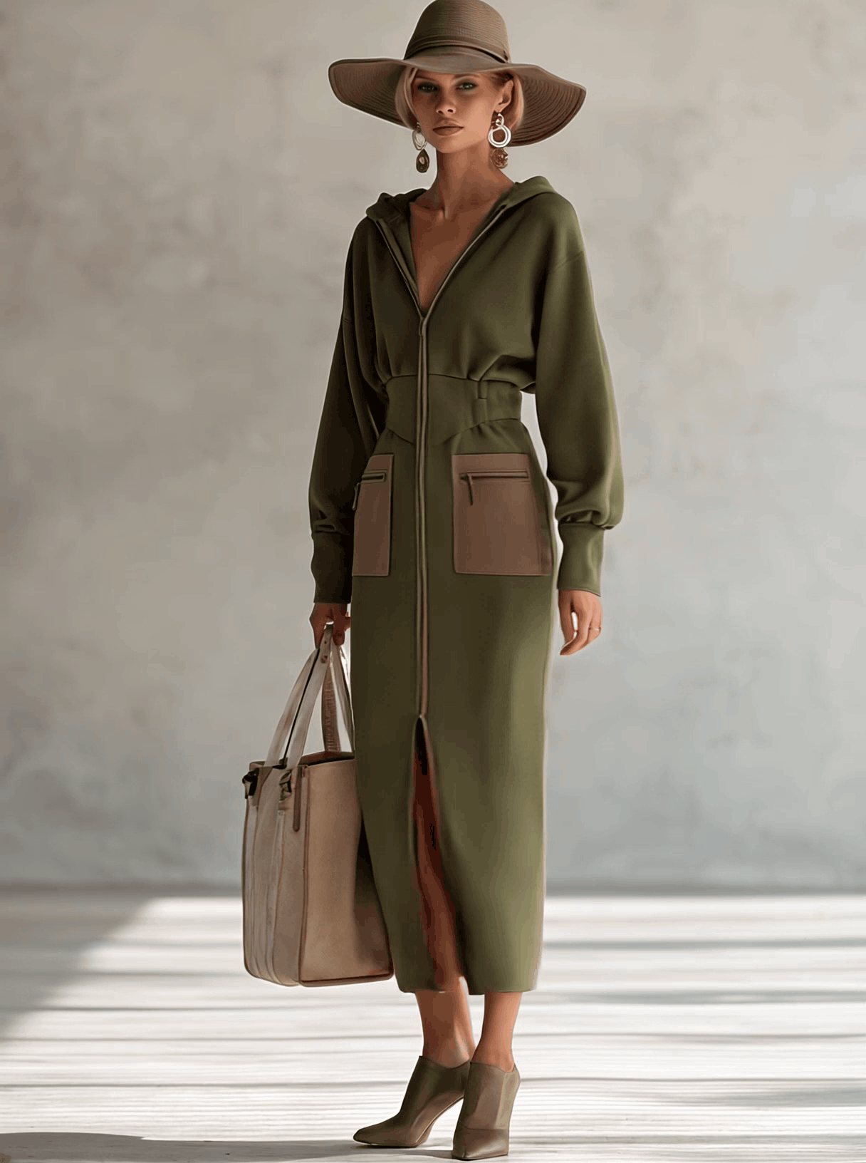 Robe Maxi Élégante à Manches Longues avec Capuche et Fermeture Éclair en Olive – Silhouette Affinée
