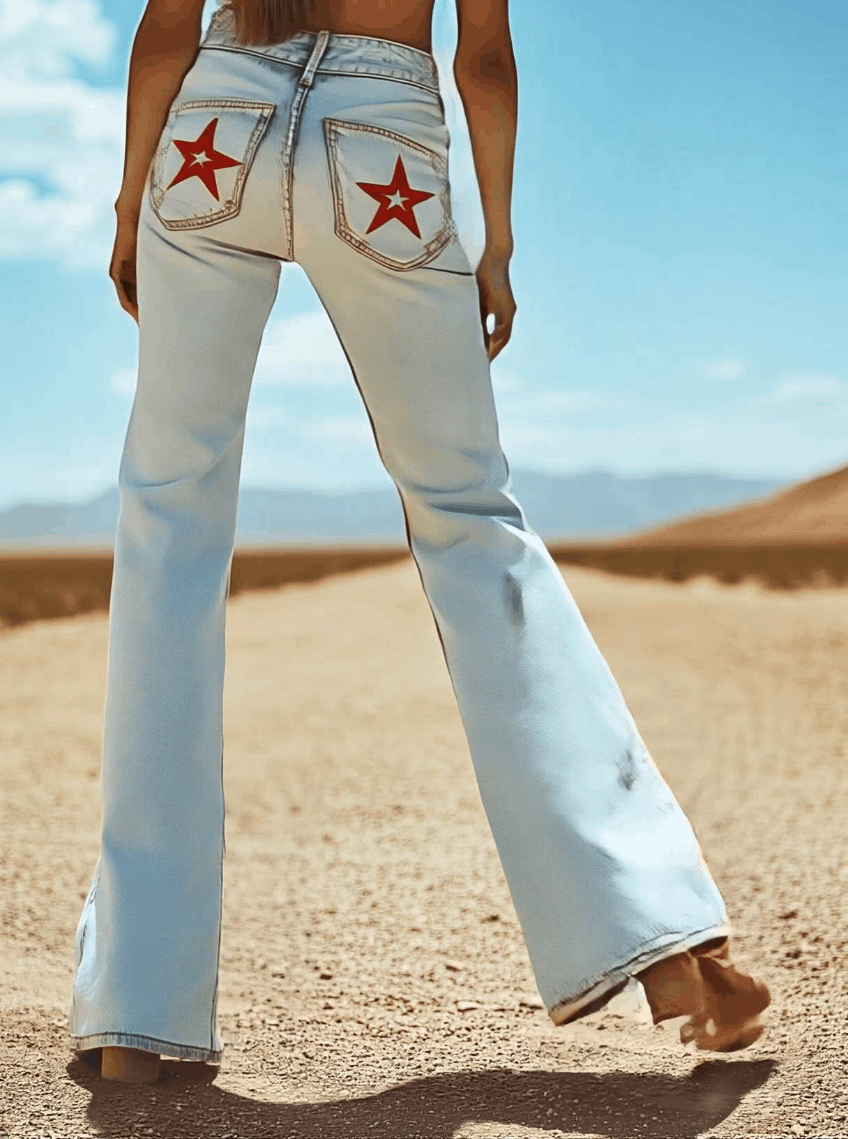 Expédition Rapide : Pantalons en Denim Évasés avec Broderie Étoile Vintage sur Poche Arrière