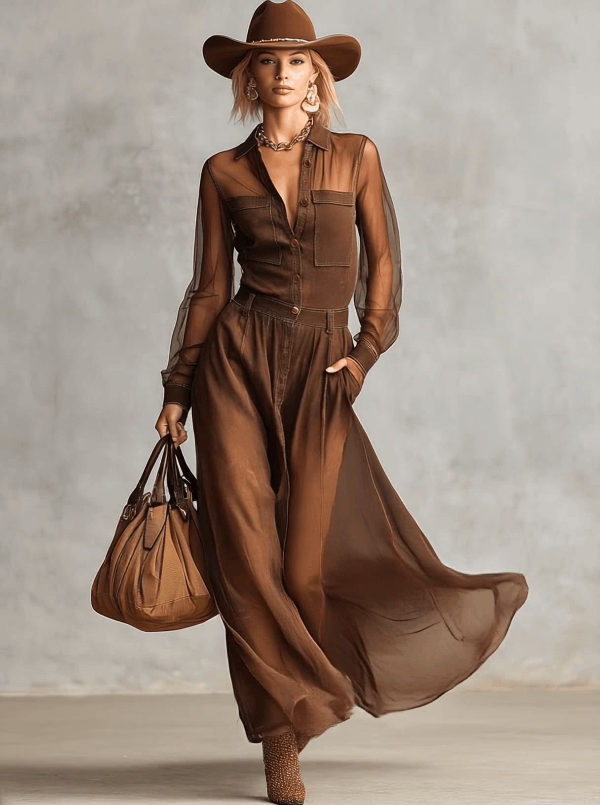 Robe Maxi Vintage en Coton Marron avec Manches Longues en Organza, Décolleté en V et Boutons Frontaux