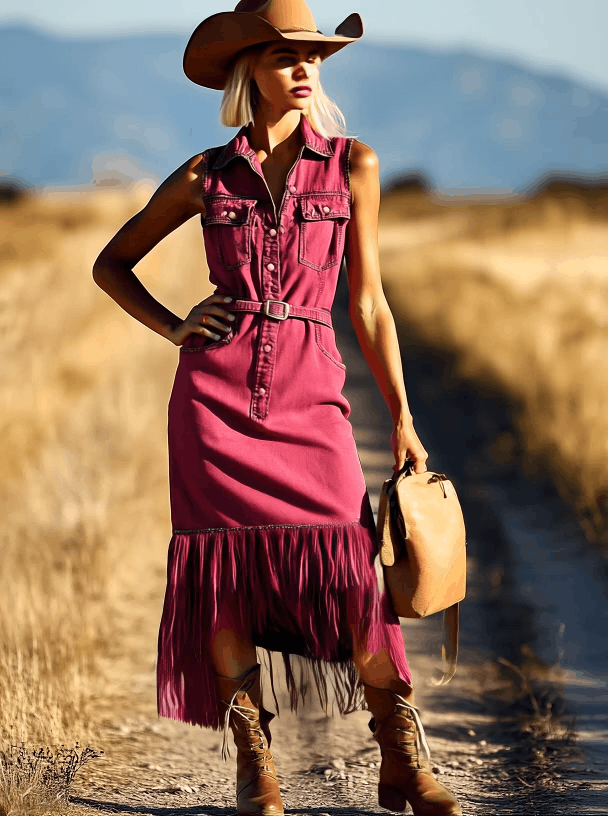 Robe Midi Décontractée en Denim Fuchsia Rétro avec Franges et Lacets - Expédition Rapide sous 24 Heures !