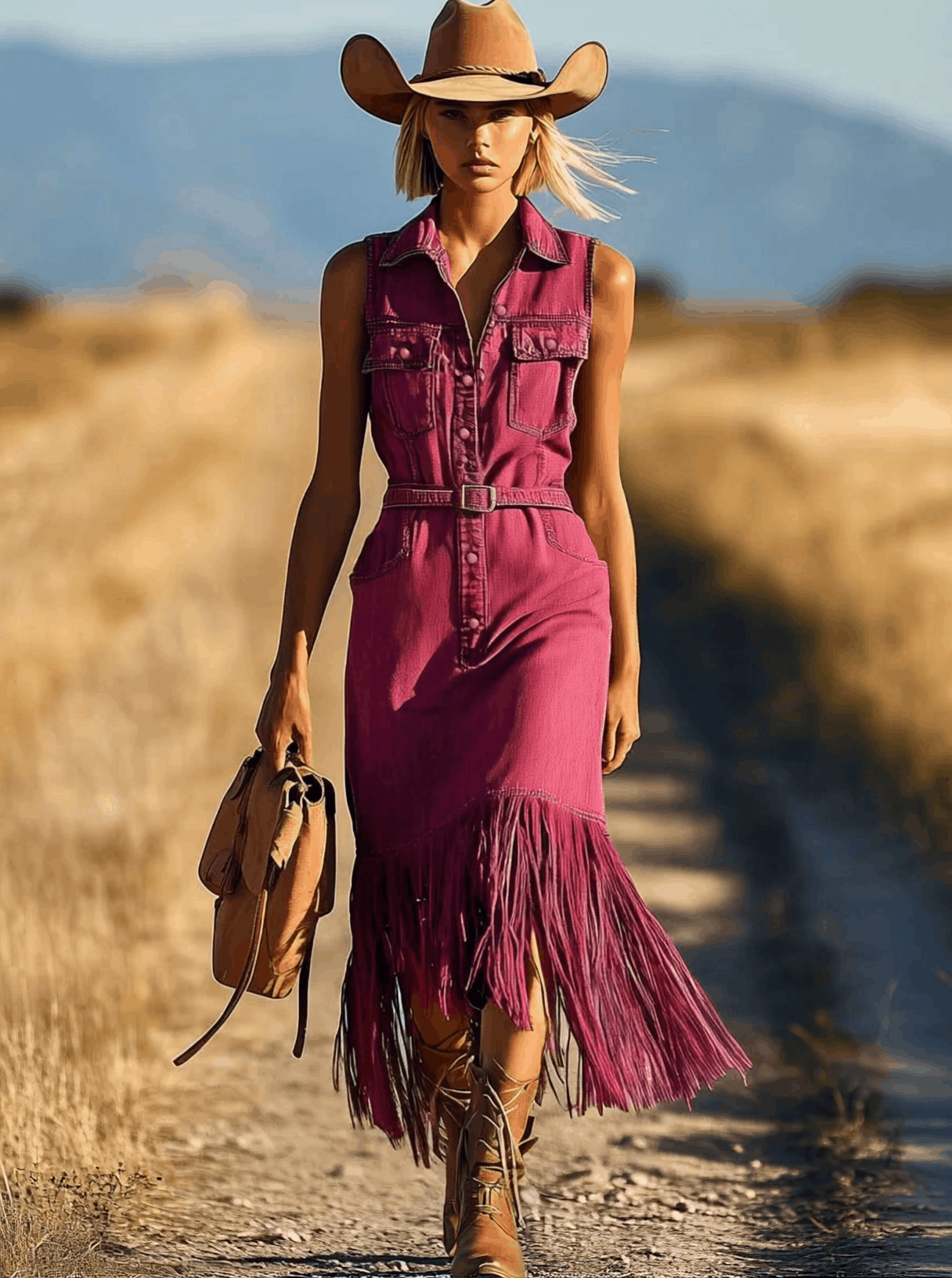 Robe Midi Décontractée en Denim Fuchsia Rétro avec Franges et Lacets - Expédition Rapide sous 24 Heures !