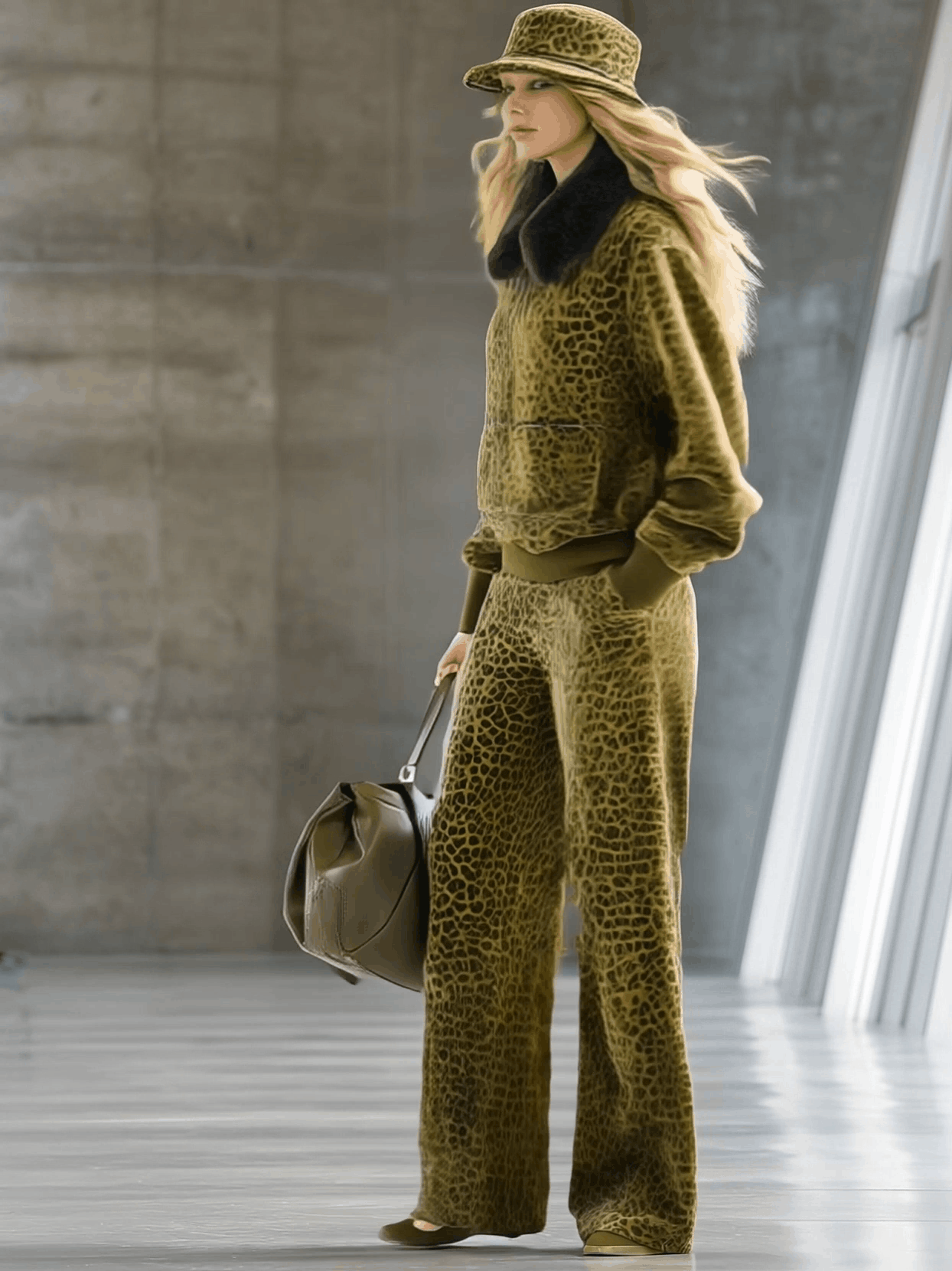Pull en velours imprimé léopard avec col en fausse fourrure et pantalon large - Élégance haut de gamme