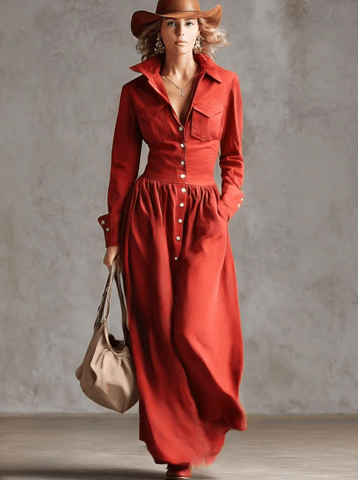 Robe Maxi Élégante en Coton et Lin Rouge - Style Veste de Vent avec Détails à Boutons