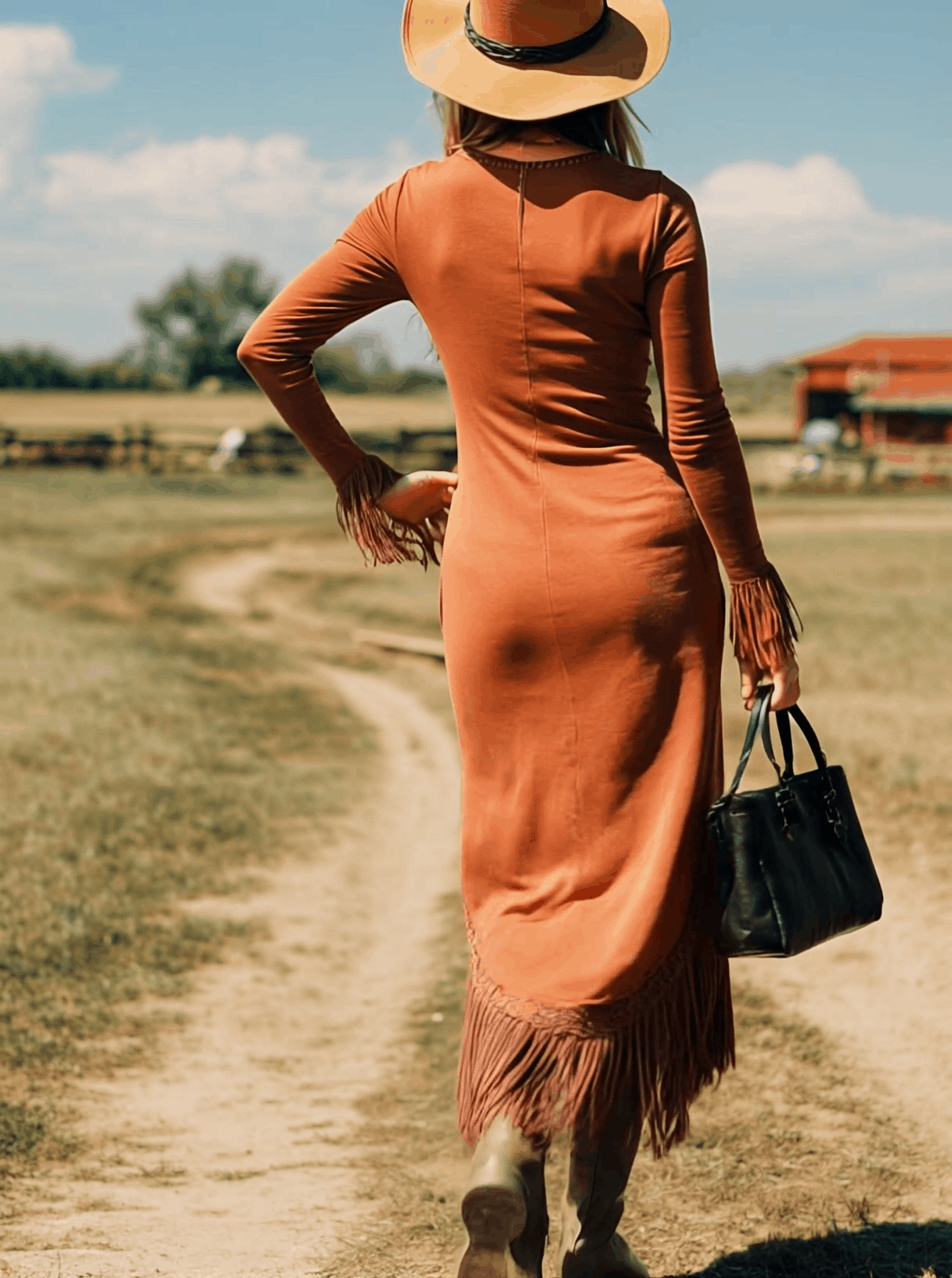 Robe Maxi Vintage en Coton Rouge Brique à Manches Longues et Franges