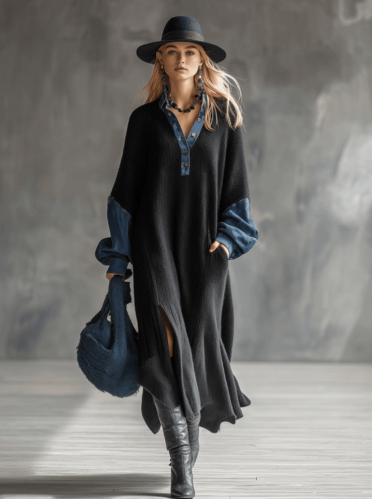 Robe Maxi Noire Tricotée Décontractée avec Accents en Denim