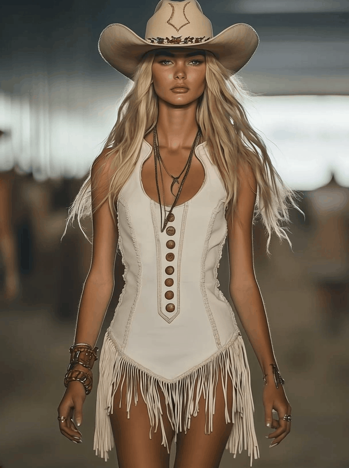 Robe Mini Chic Ouest à Col Rond Blanc avec Franges - Expédition Rapide en 24 Heures!