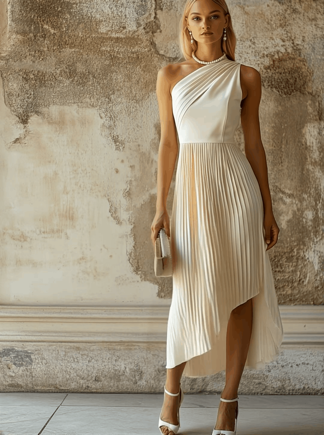 Robe de Soirée Midi Plissée Blanche Élégante - Expédition en 24 Heures