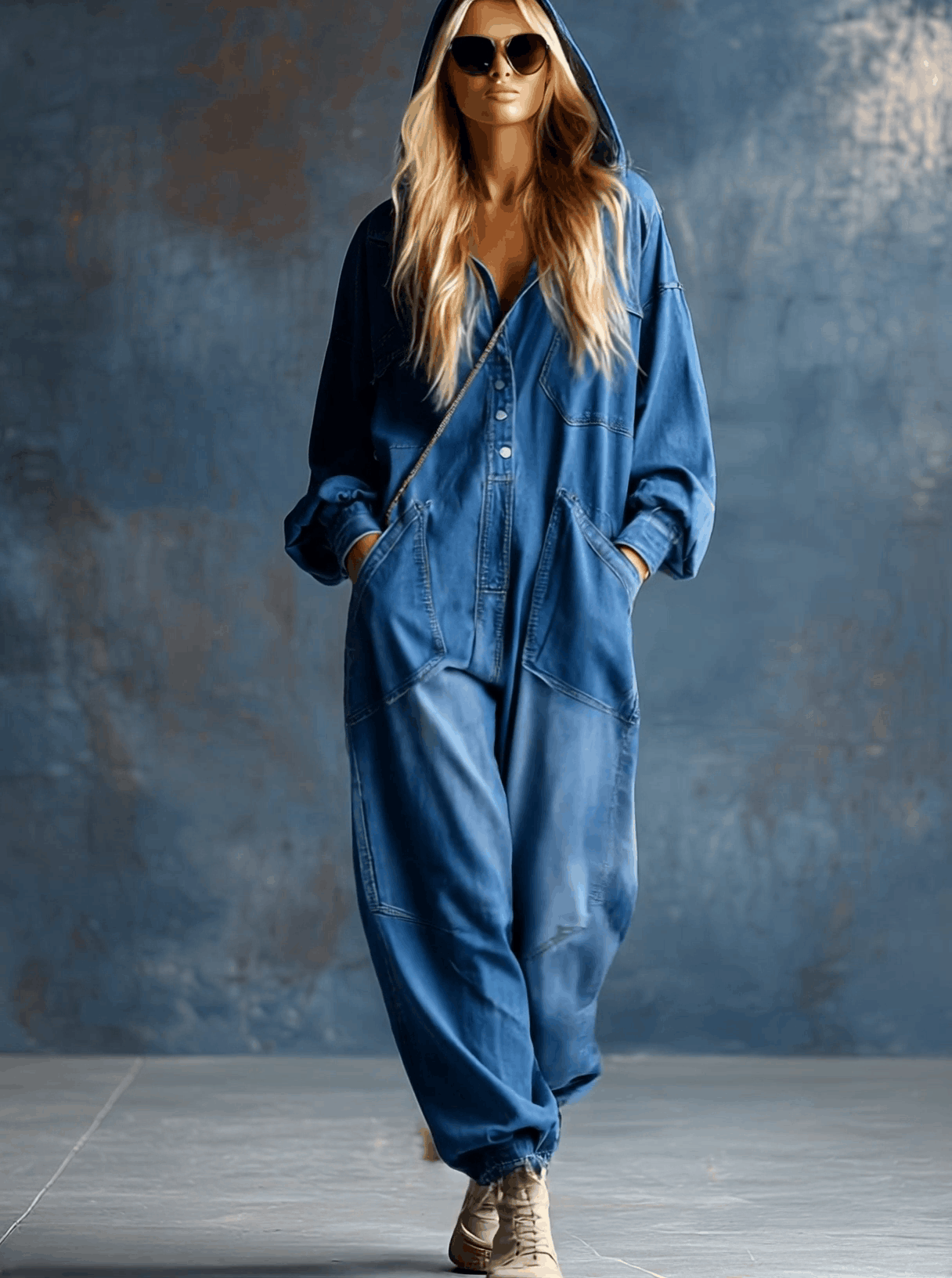 Denim Bleu Décontracté : Combinaison à Capuche, Coupe Ample et Manches Longues