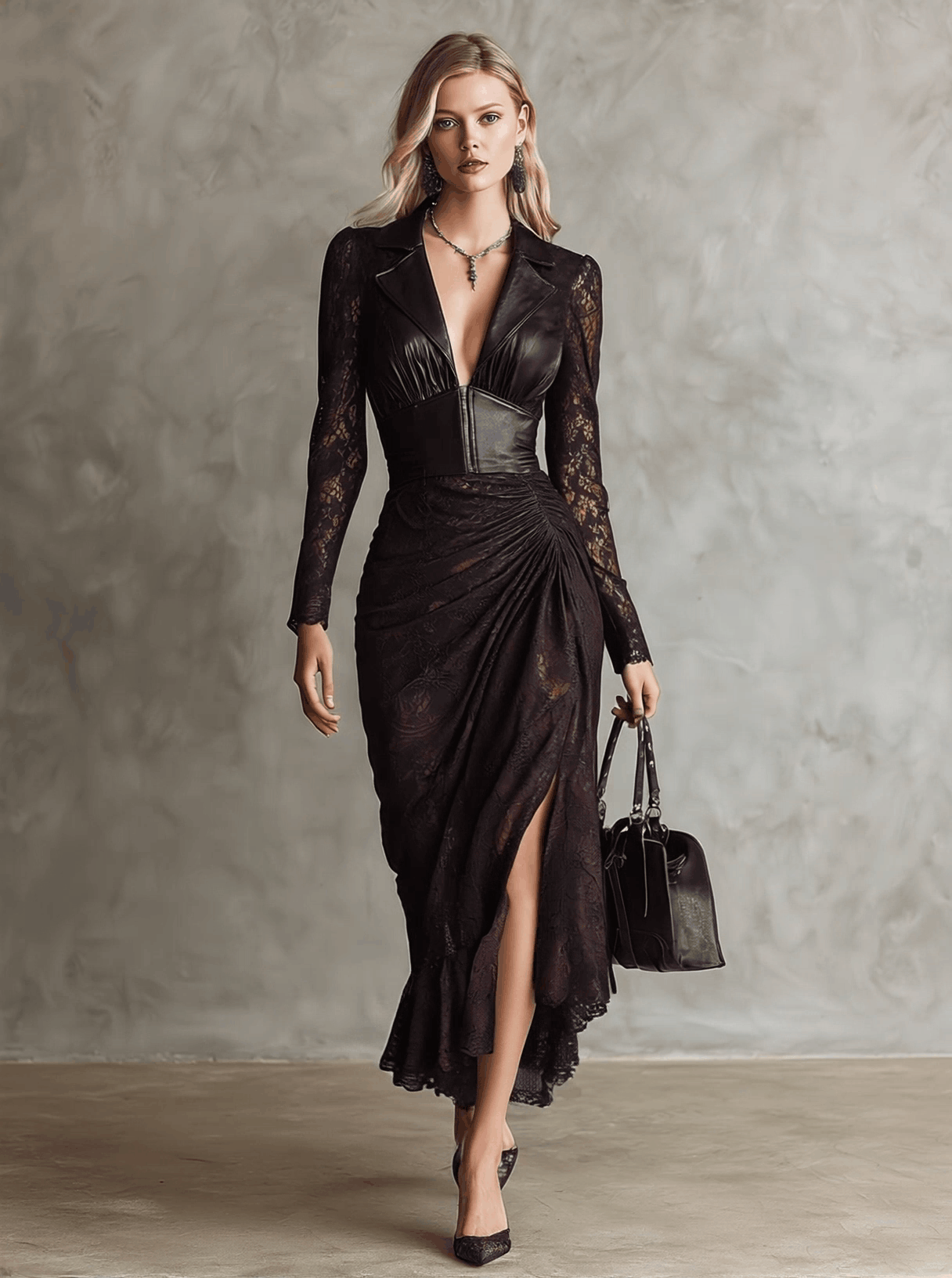Long Brown-Red Faux Leather Maxi Dress with Stitching and Lace-Up Details, Long Sleeves