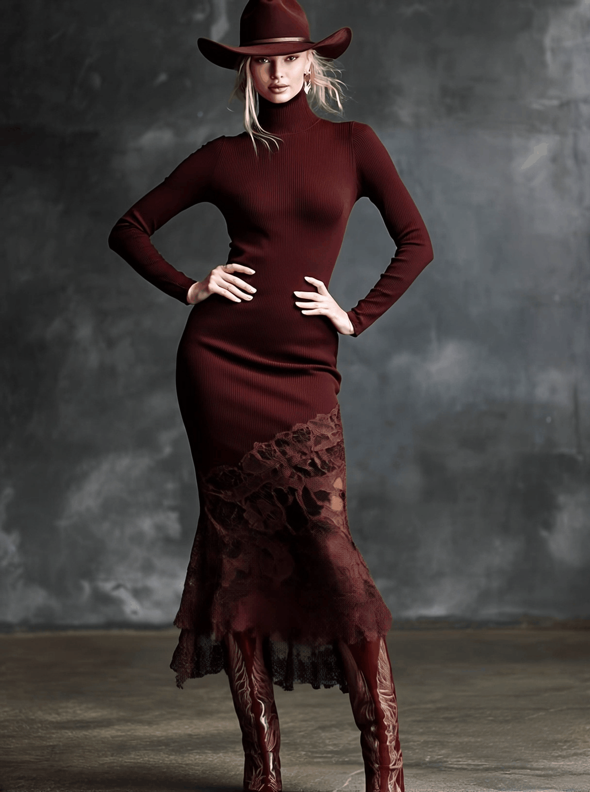 Maxi Robe Tricotée Bordeaux avec Col Montant et Ourlet en Dentelle Élégante