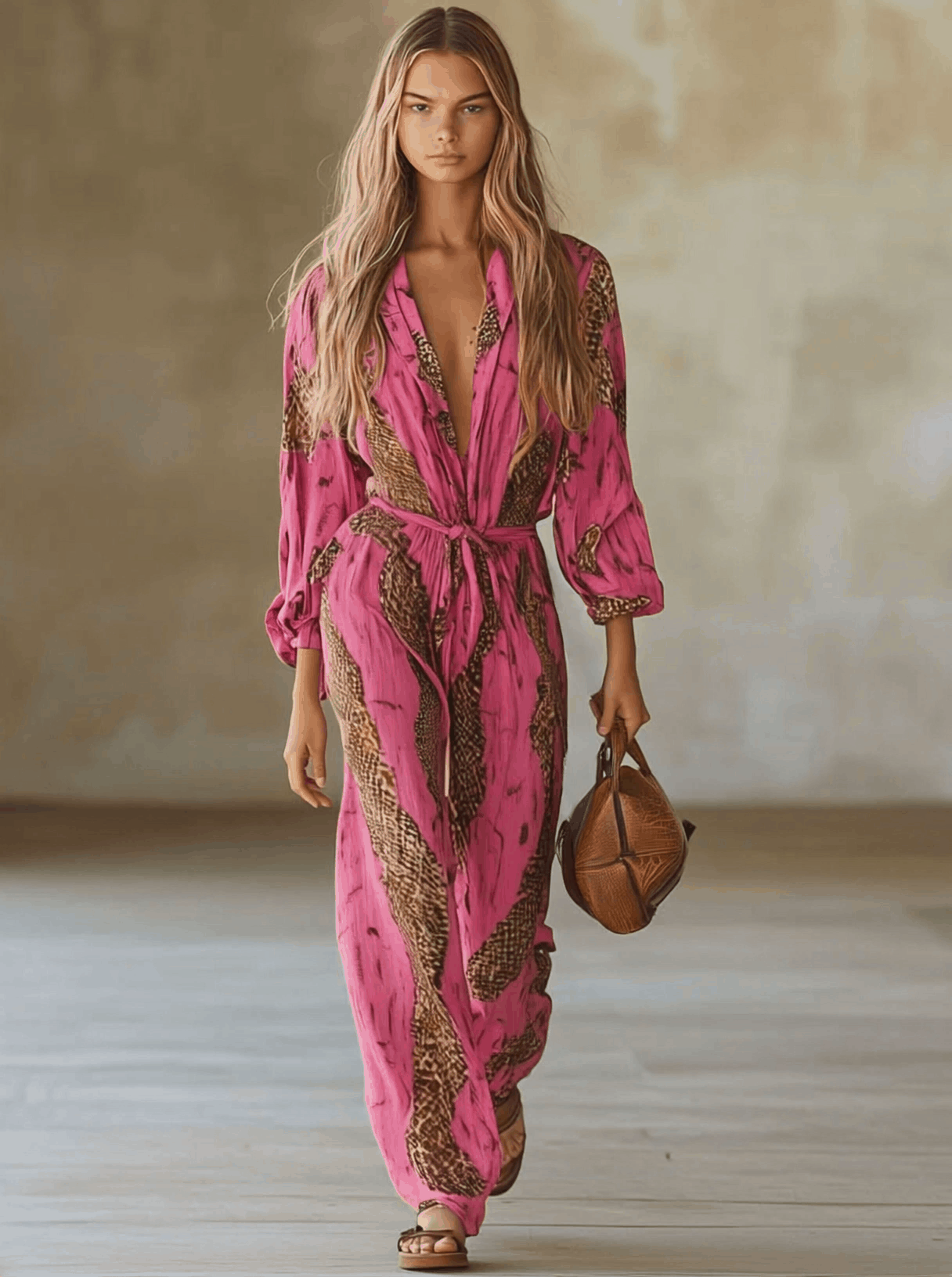 Combinaison Décontractée en Chiffon Léopard Rose et Rouge à Manches Longues