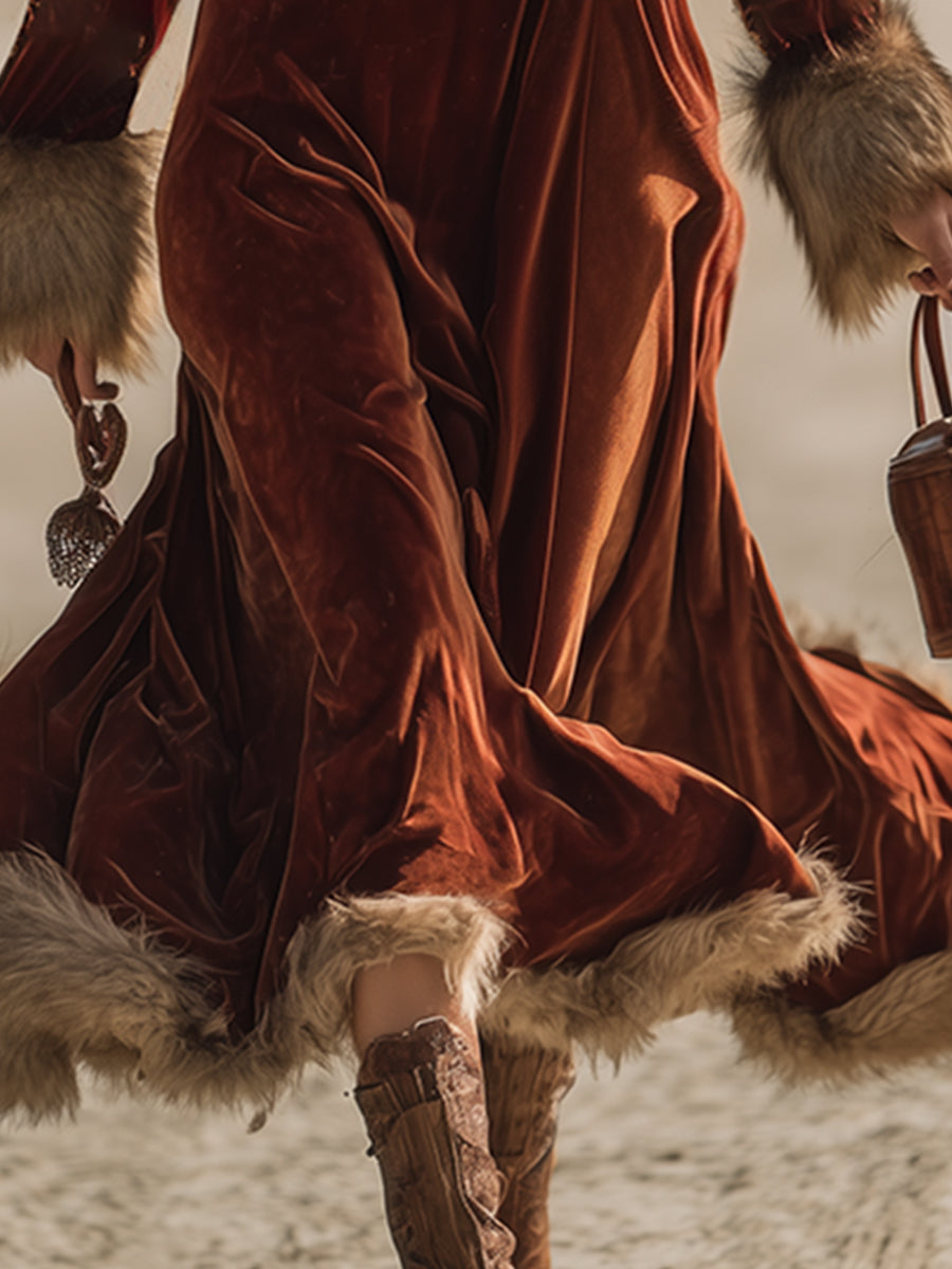 Robe Maxi Vintage Western en Velours Caramel avec Épaules en Fausse Fourrure et Manches Longues