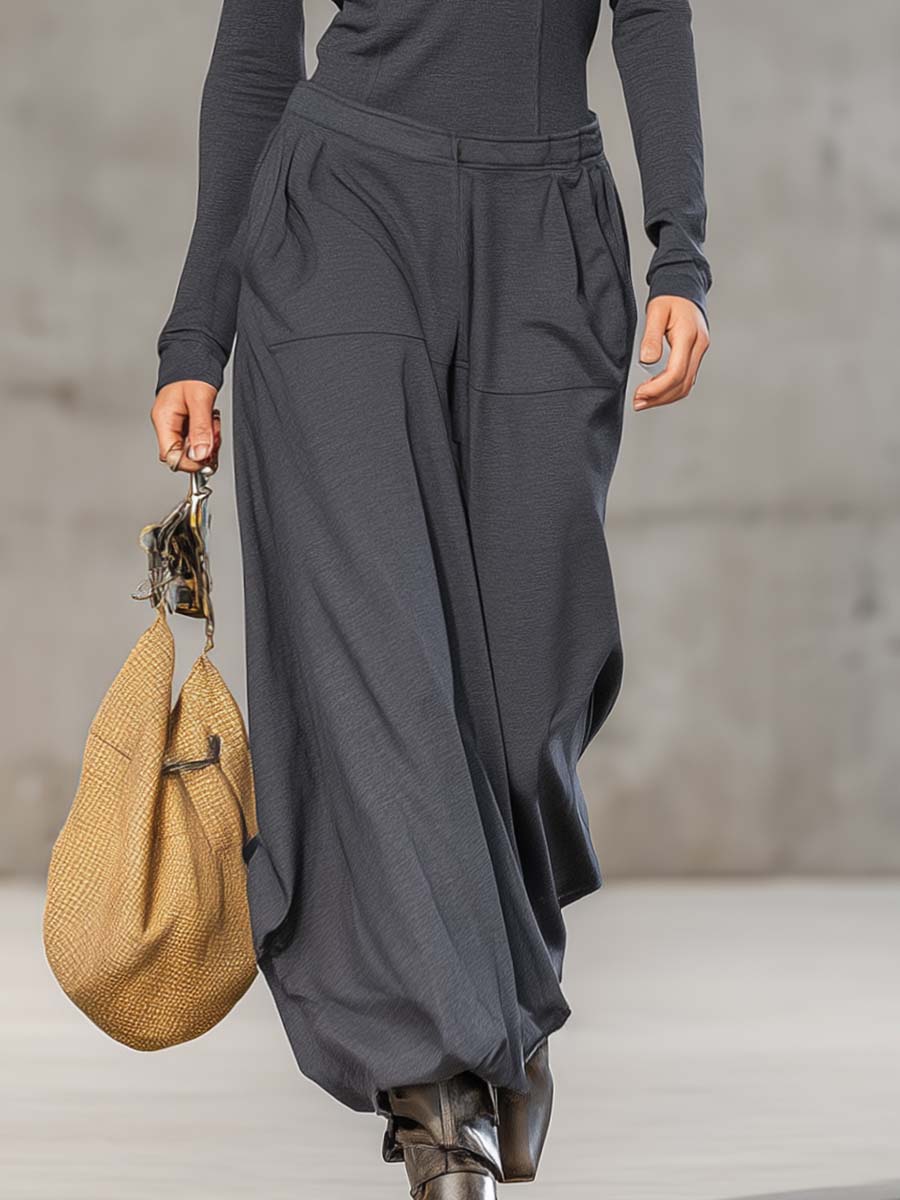 Ensemble Sportif Rétro Décontracté Gris Foncé : Haut Zippé à Col Montant et Pantalons Amples à Manches Longues