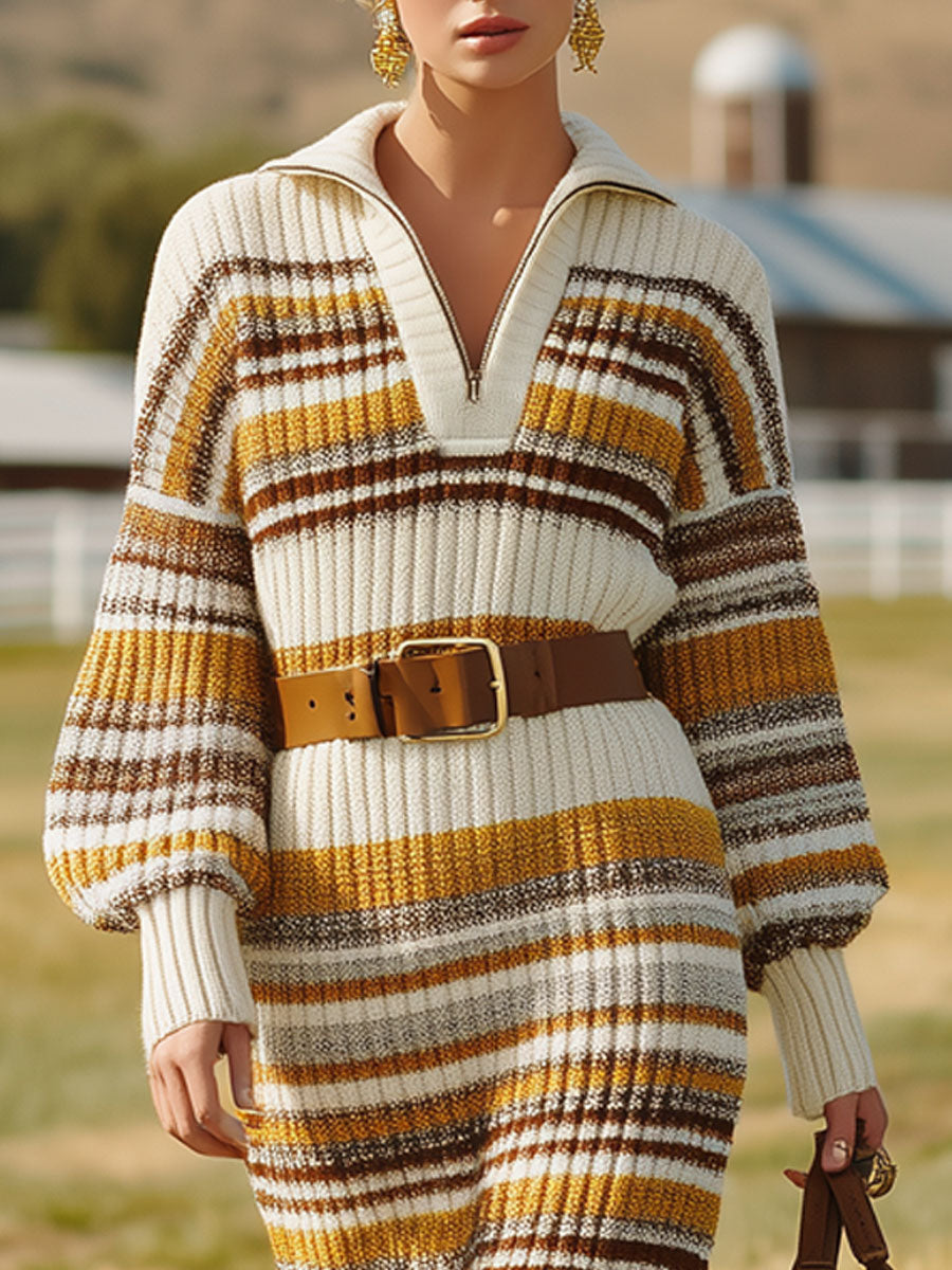 Robe Midi Rayée Tricotée Jaune et Marron avec Fermeture Éclair Mi-Saison