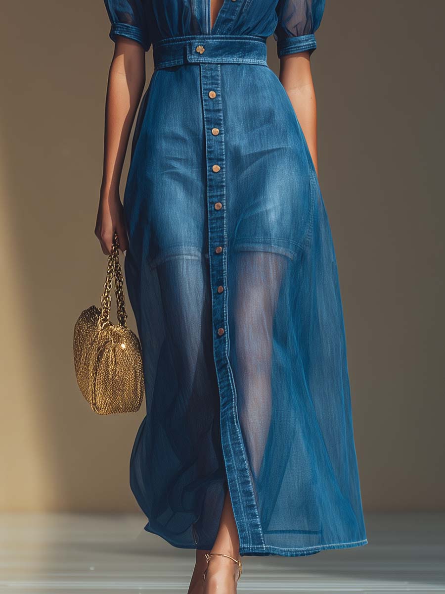 Maxi Robe en Denim Bleu avec V-Cou, Boutons Frontaux et Manches Courtes en Organza