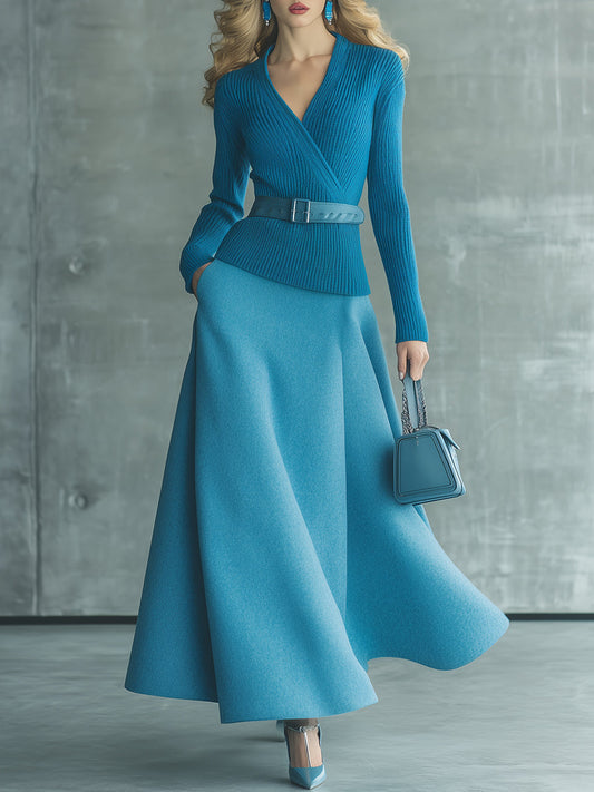 Ensemble de jupe en tricot bleu chic - Élégance intemporelle 'Old Money'