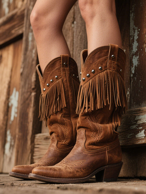 Femmes : Bottes de cow-boy en cuir et daim brodées avec franges