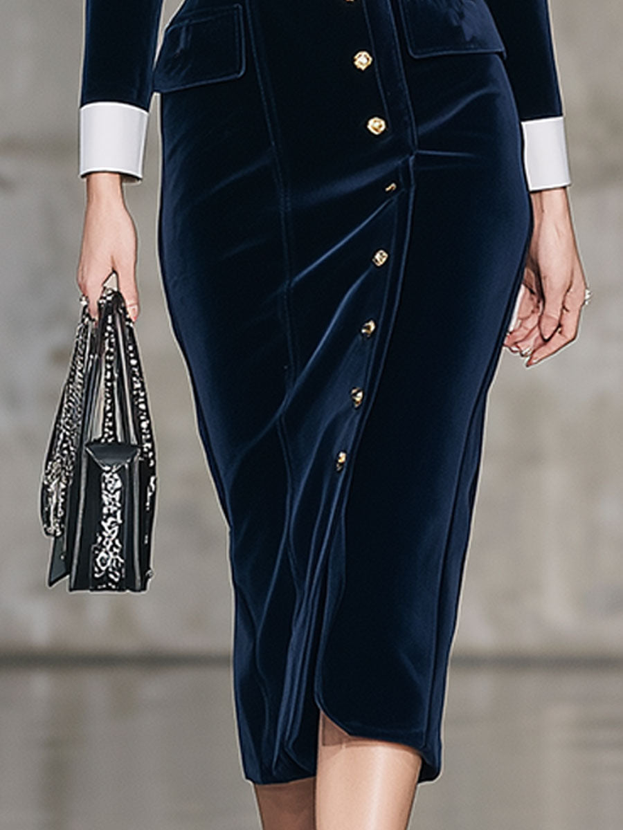 Robe Midi Velours Bleu Élégante au Style Rétro avec Col Contrastant et Ceinture