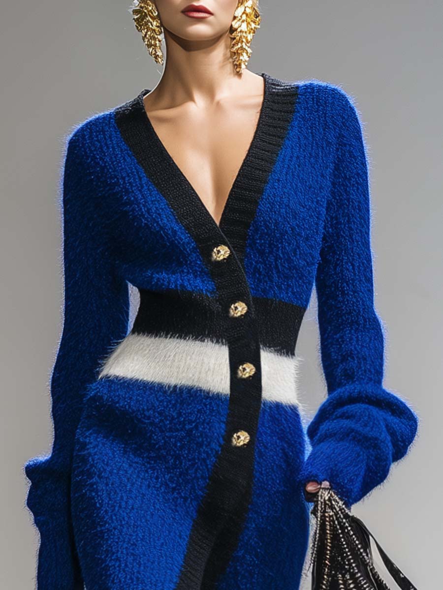 Robe Midi Tricotée Bleu Royal avec Col V et Détails de Boutonnage Oblique