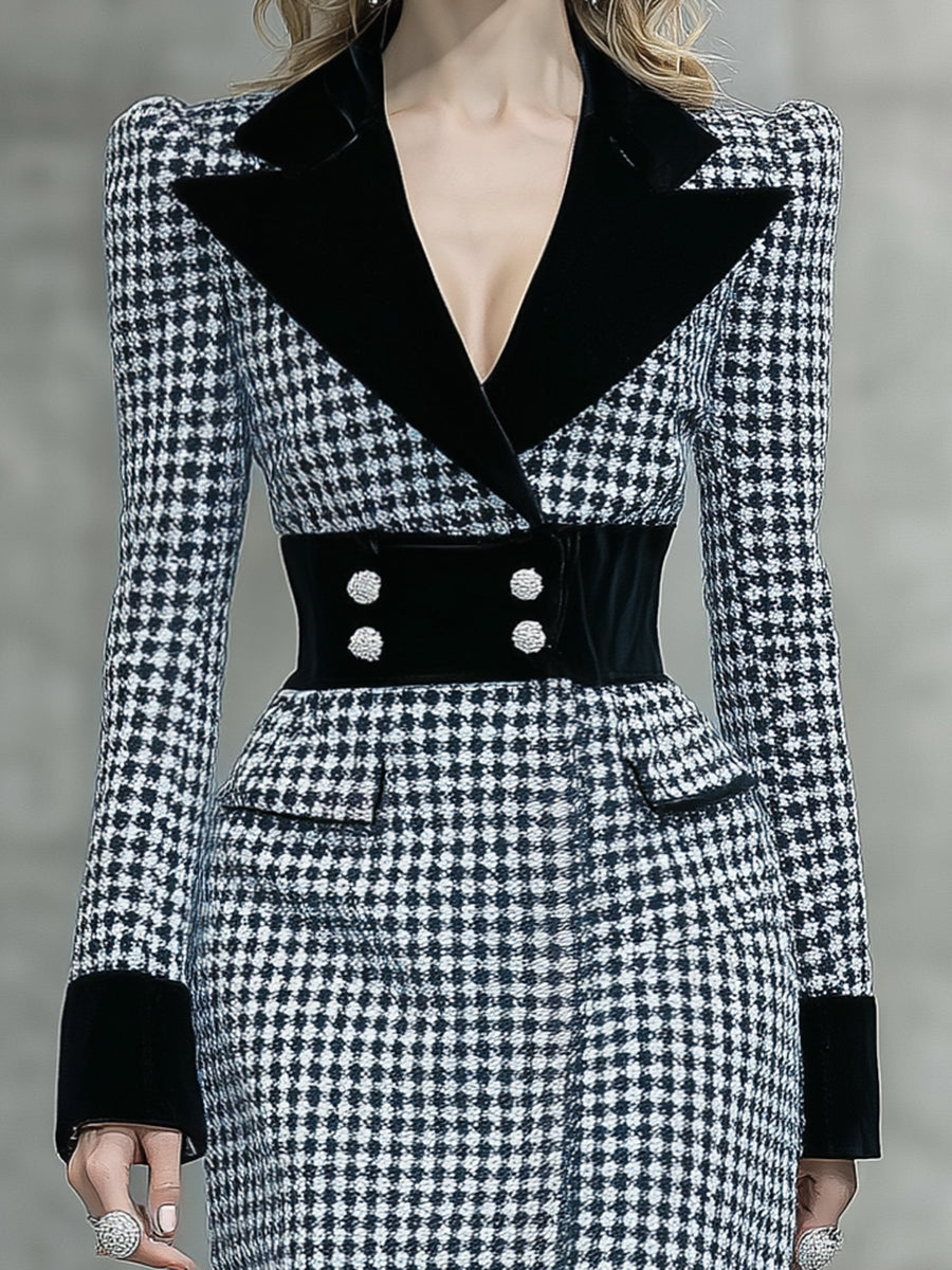 Robe Midi Houndstooth Élégante avec Col en Velours Noir – Un Must-Have Tendance