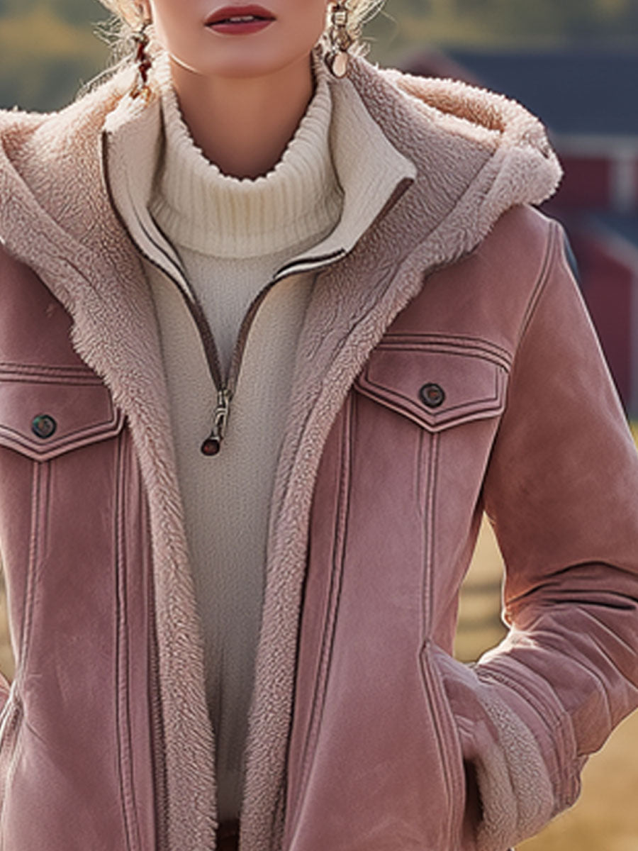 Veste à Capuche en Suède Synthétique Rose avec Doublure en Fleece - Style Vintage Western