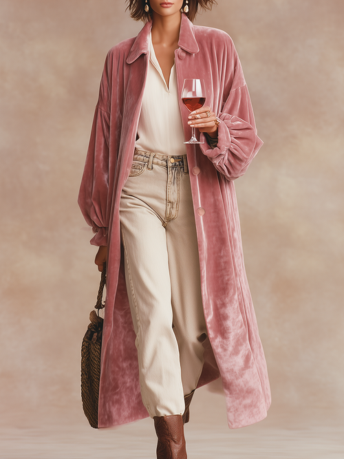 Élégant Manteau Long en Velours avec Revers Chic