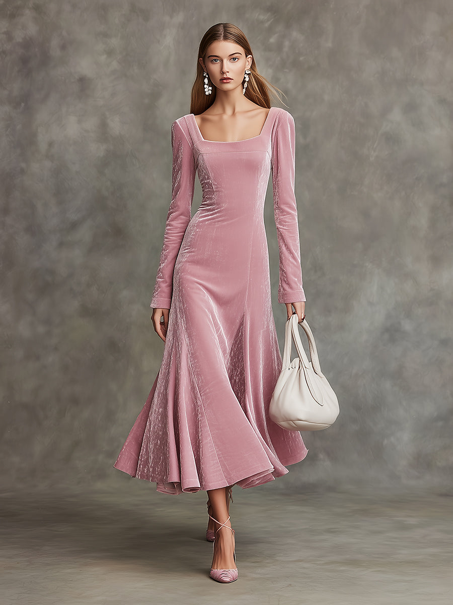 Robe Maxi en Velours Rose Chic avec Encolure Carrée et Jupe Flottante