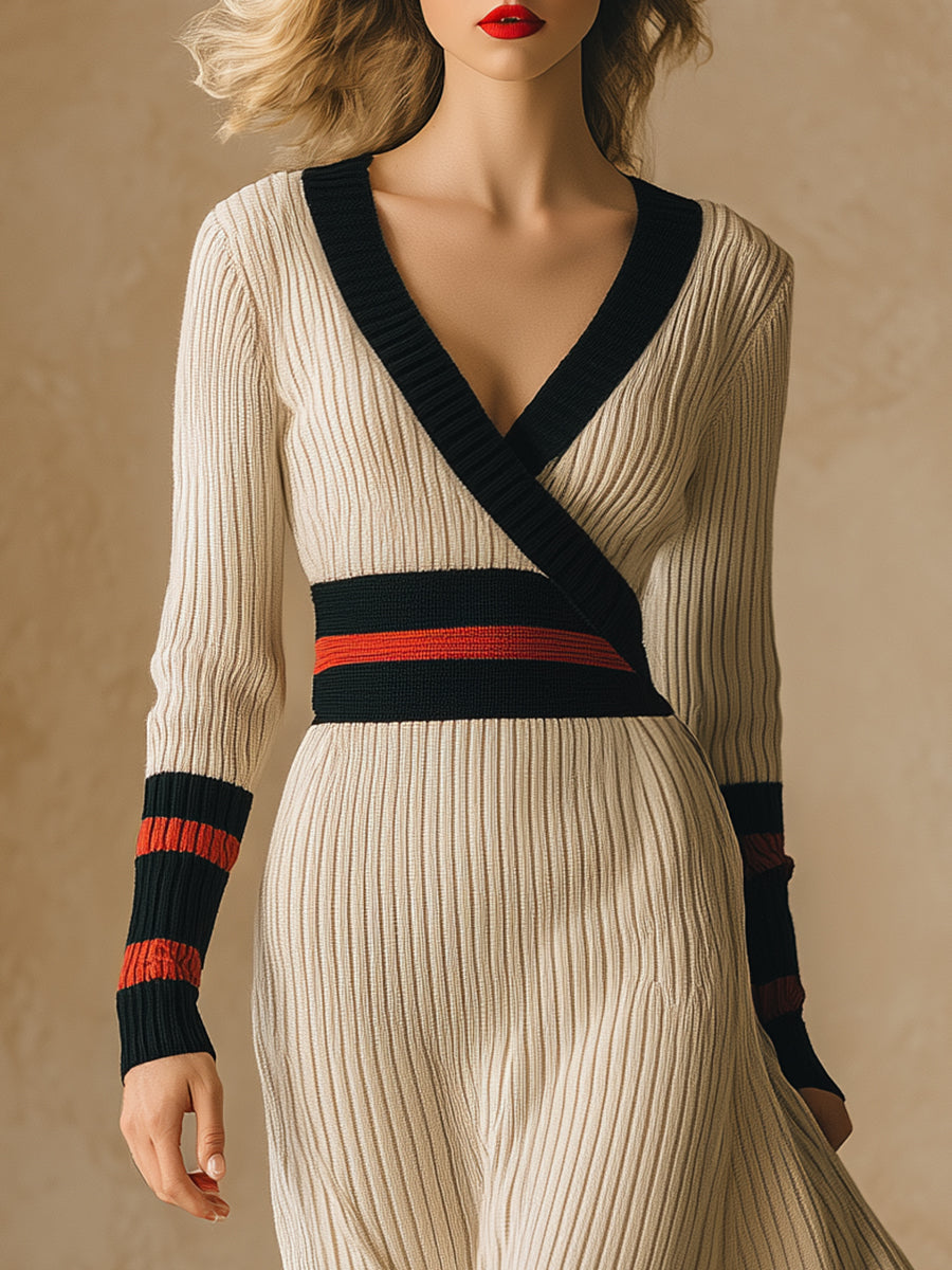 Robe Midi Rétro Beige à Rayures Rouges et Noires