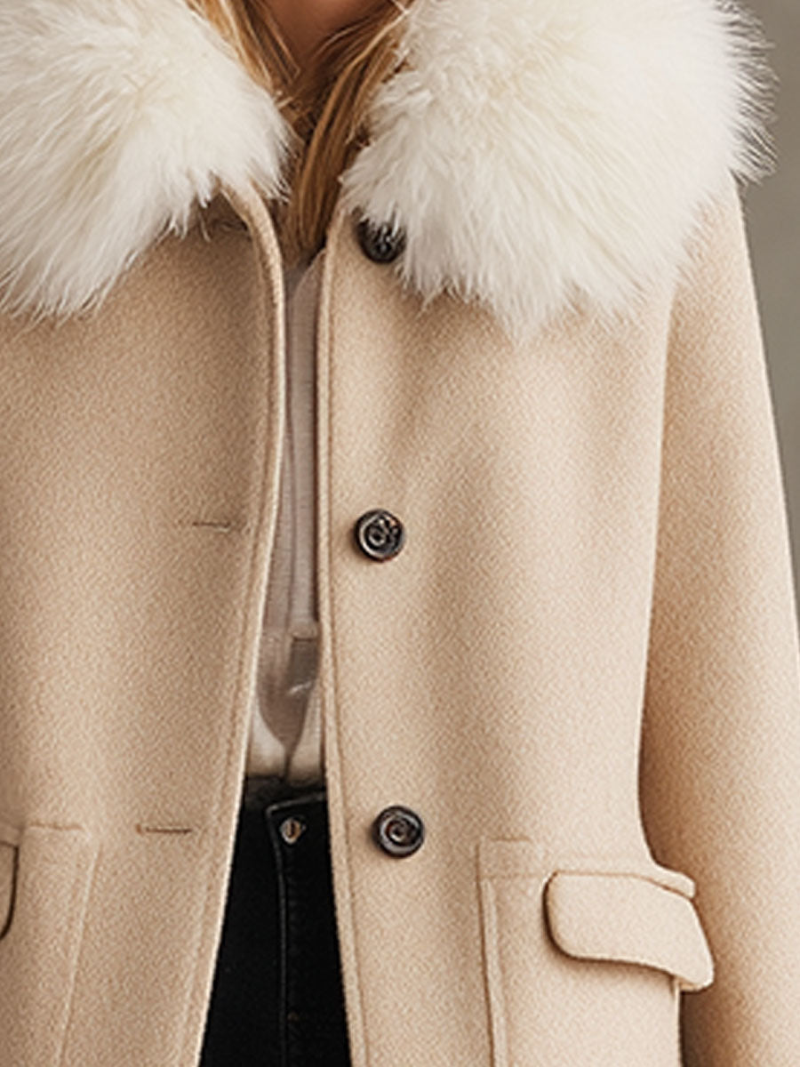 Chic Manteau Beige en Laine avec Col en Fourrure - Élégance et Chaleur Assurées
