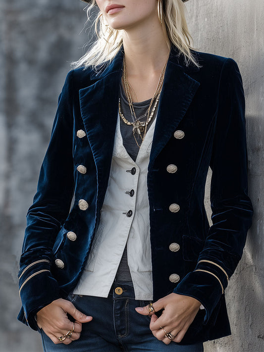 Veste Vintage en Velours Bleu Foncé à Double Boutonnage