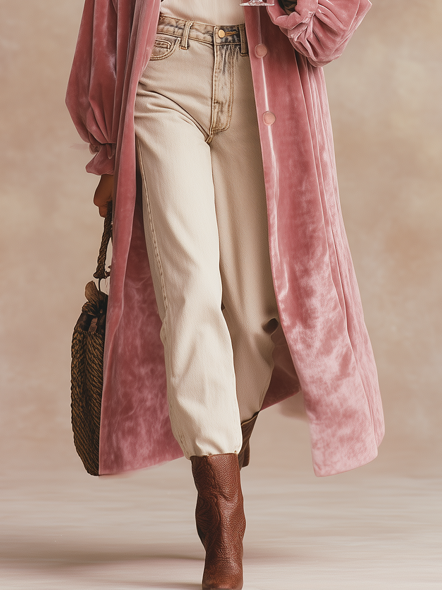 Élégant Manteau Long en Velours avec Revers Chic