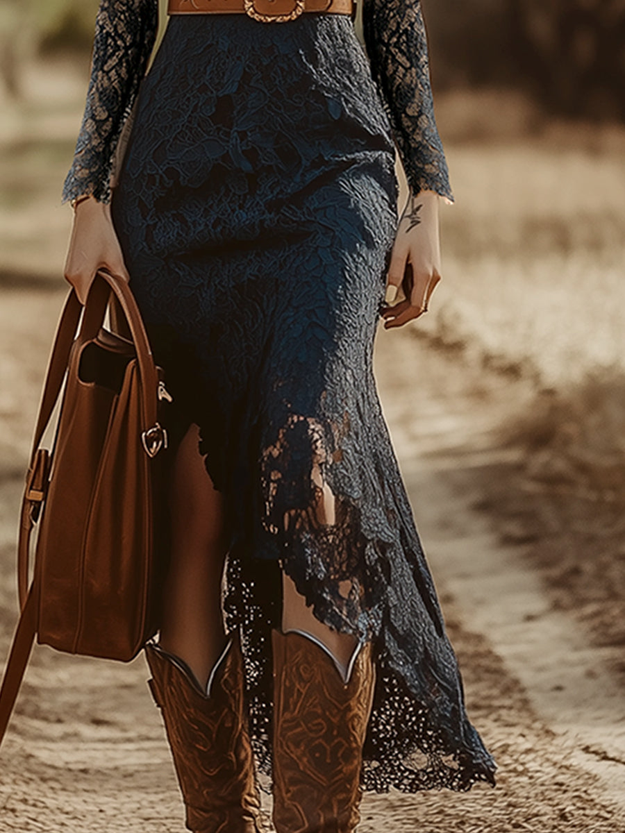 Robe Bohémienne Vintage en Dentelle Bleue à Manches Longues - Élégance Midi