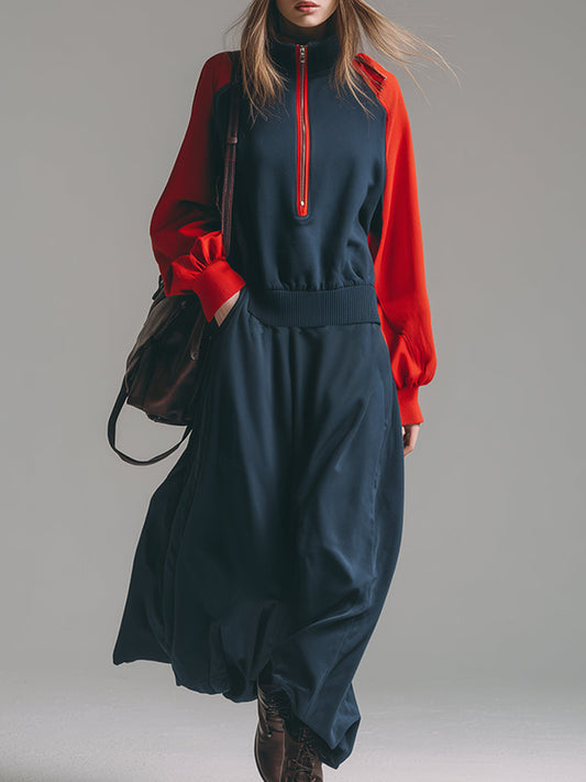 Chic et Sportif : Robe Maxi Sweatshirt à Manches Raglan Contrastées en Bleu Foncé