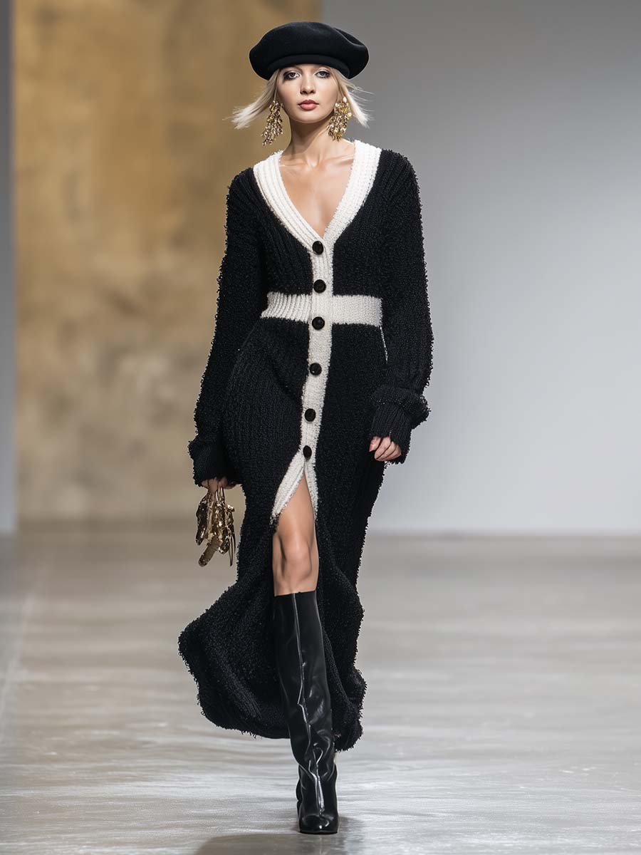 Robe Maxi Tricotée Noire à Décolleté V et Boutons Contrastants