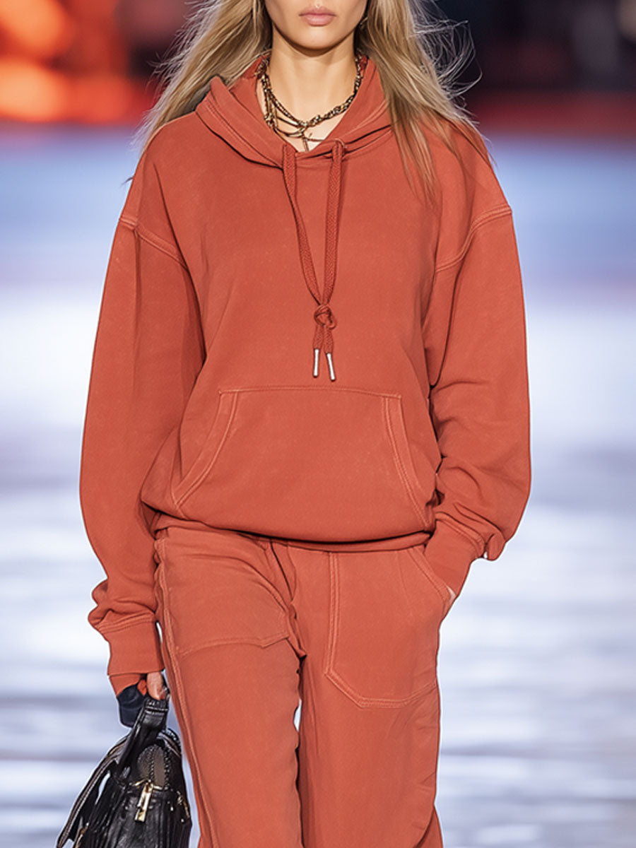 Ensemble de Sport Décontracté Orange Rétro avec Sweat à Capuche à Manches Longues