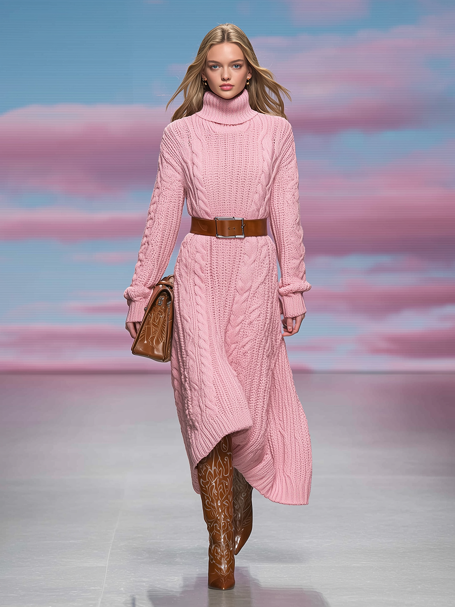 Robe Vintage Tricotée avec Col Montant et Manches Longues