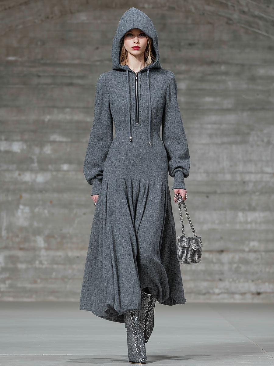 Robe Midi Grise à Capuche avec Détail Épingle de Sûreté - Style Décontracté