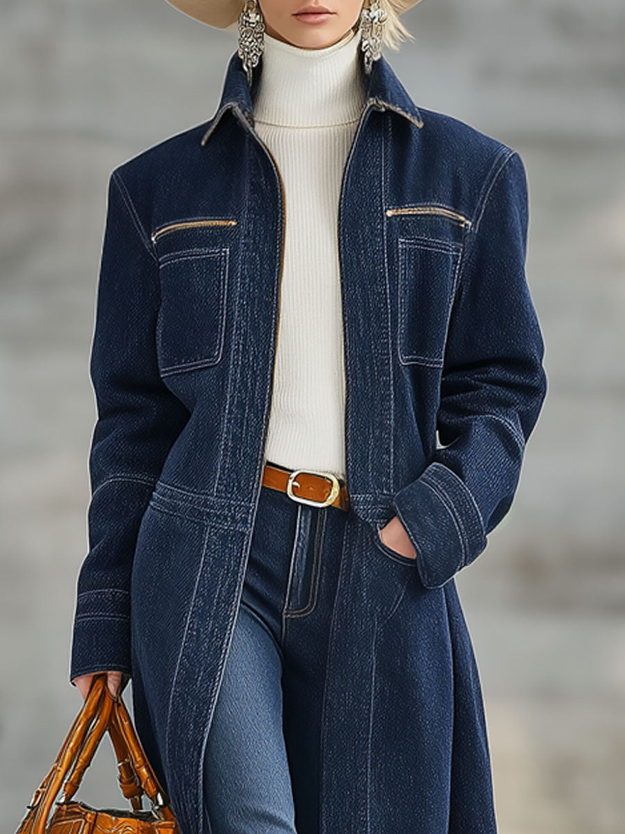 Veste en Denim Bleu Marine à Demi-Fermeture Éclair - Style Décontracté Rétro