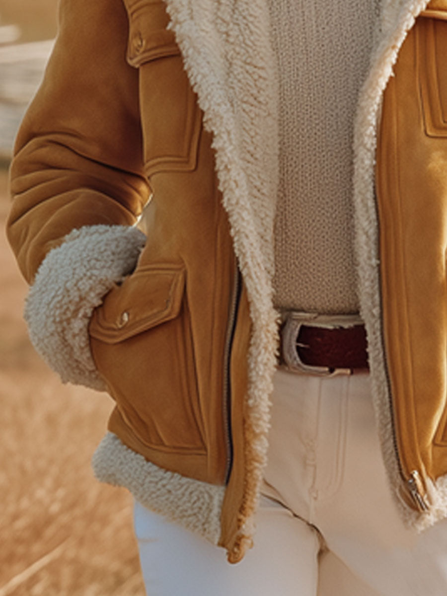 Veste Vintage Western en Suédine Jaune à Multi-Poches, Doublée en Polaire