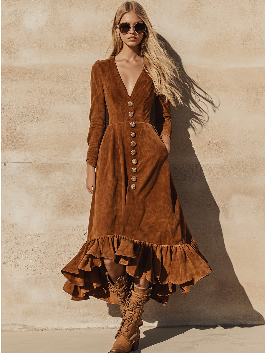 Robe Maxi Vintage Western en Faux Suède Caramel avec Volants