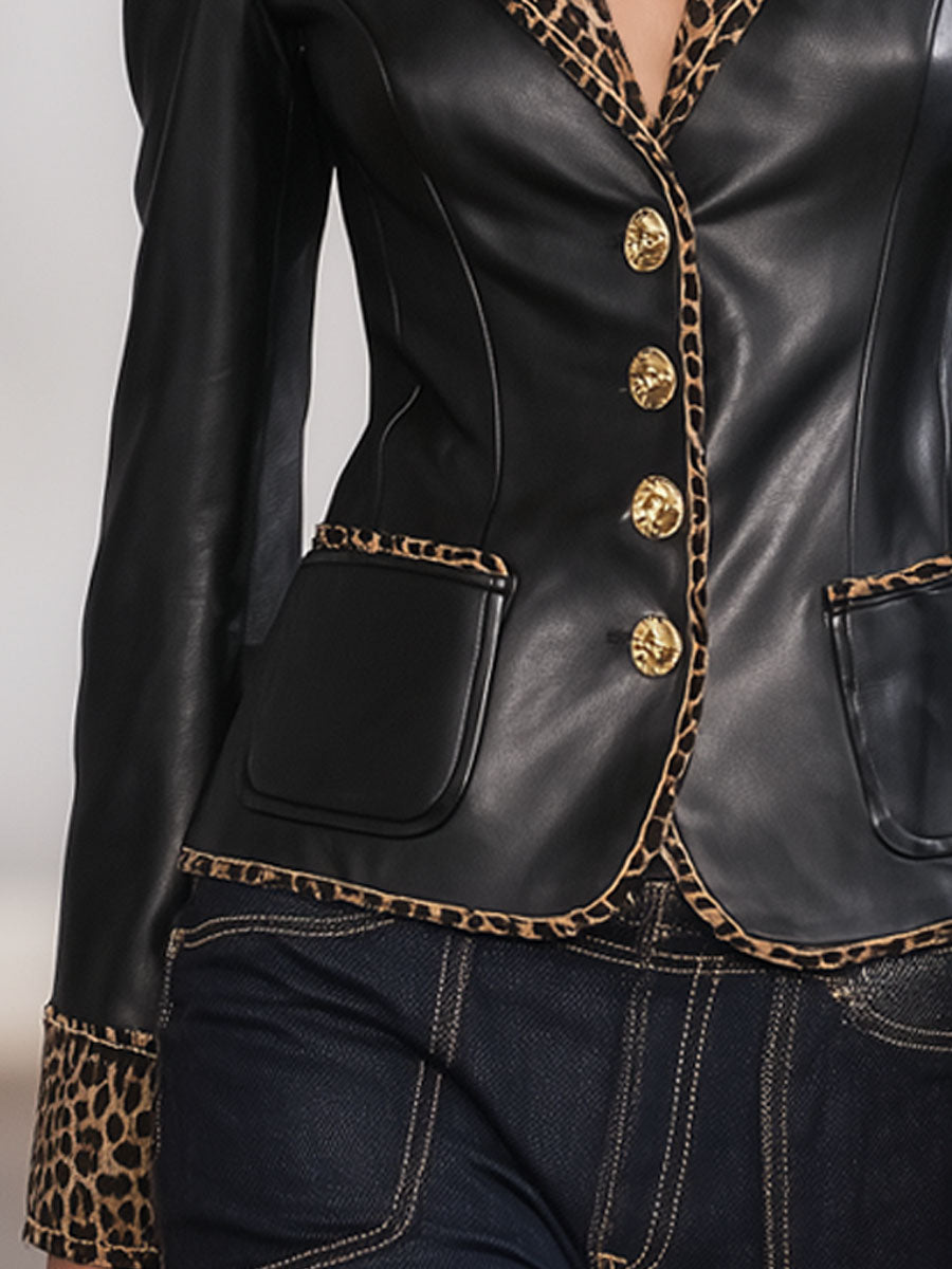 Blazer Chic en Simili Cuir avec Imprimé Léopard et Revers à Un Bouton