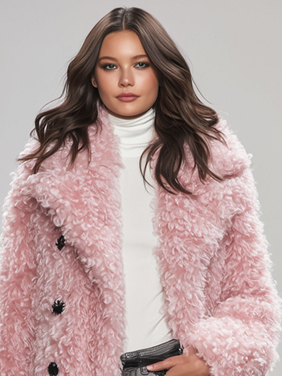 Veste en fausse fourrure bouclée rose avec col à boutons