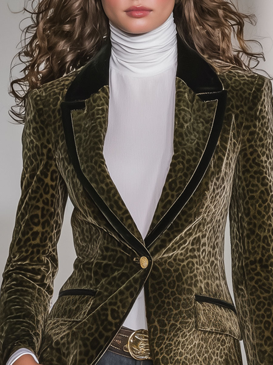Blazer Velours Rétro à Imprimé Léopard avec Détails Contrastants