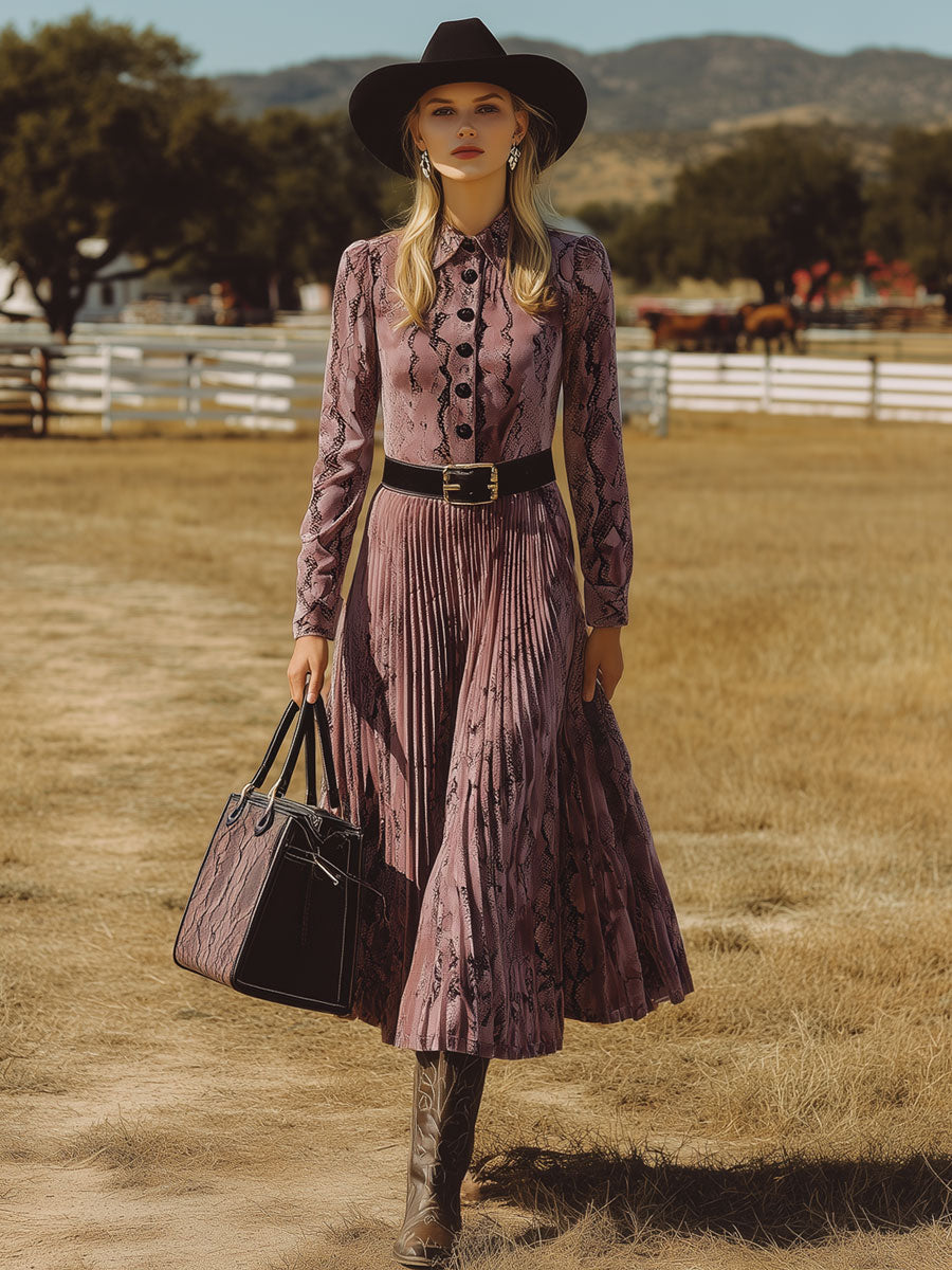 Robe Midi Plissée en Velours Violet à Imprimé Serpent - Style Rétro Nomade