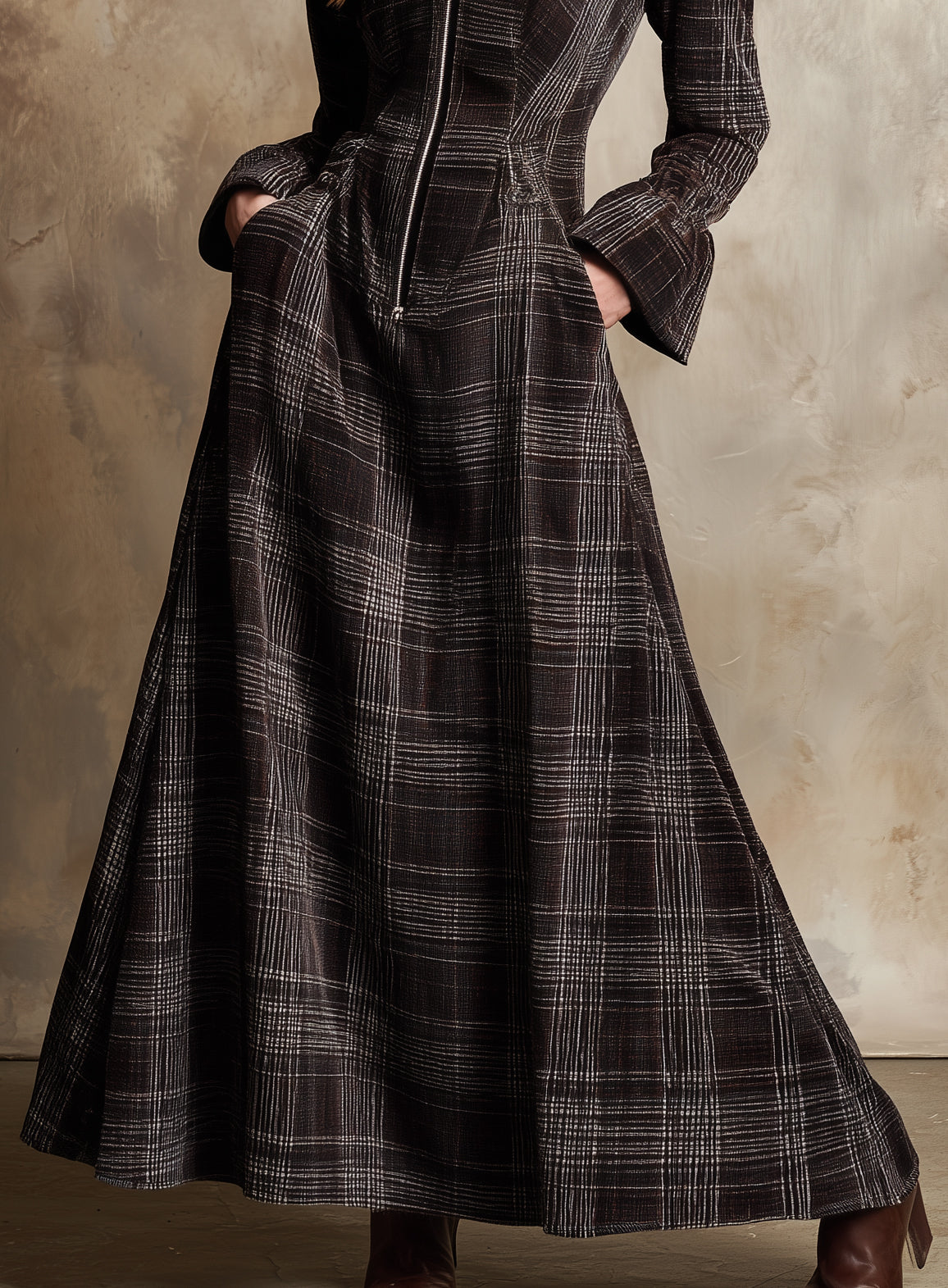 Maxi Robe Chenille Vintage avec Col en Fausse Fourrure à Motif Carreaux