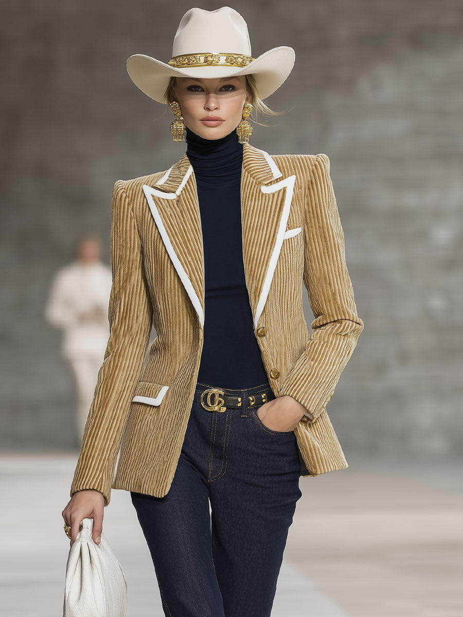 Veste en Velours Rayé à Bord Contrasté Chic