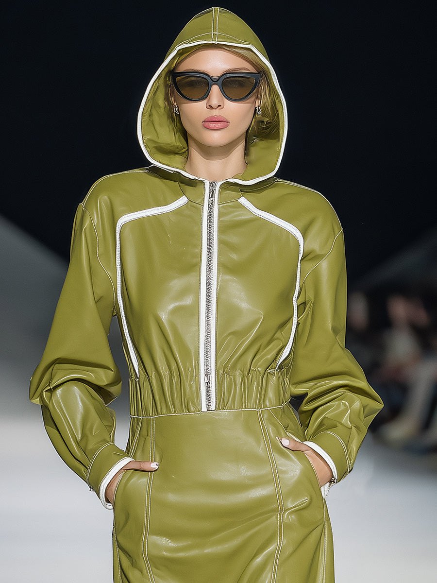Chic Midi Hoodie Dress in Trendy Green Faux Leather