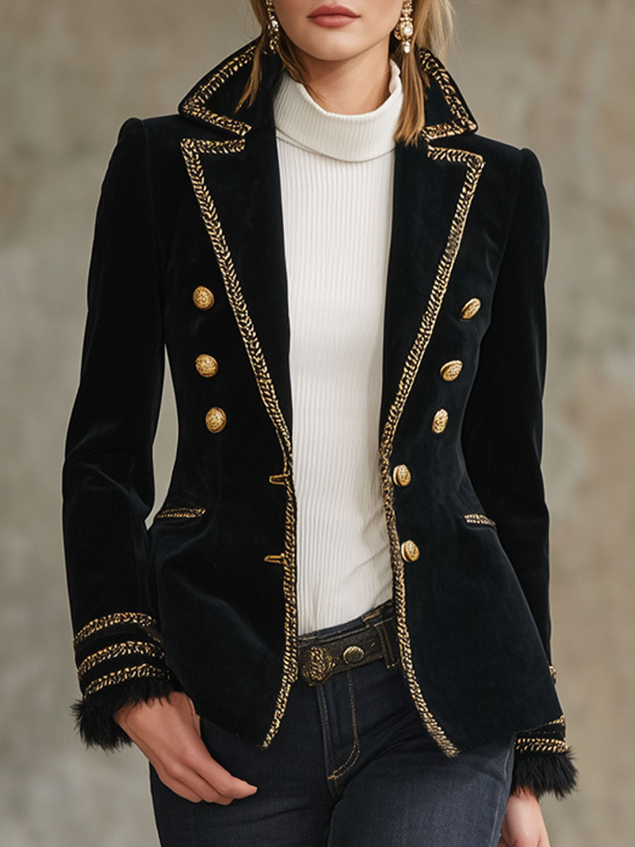 Veste en Velours Chic à Boutons avec Détails Contrastants