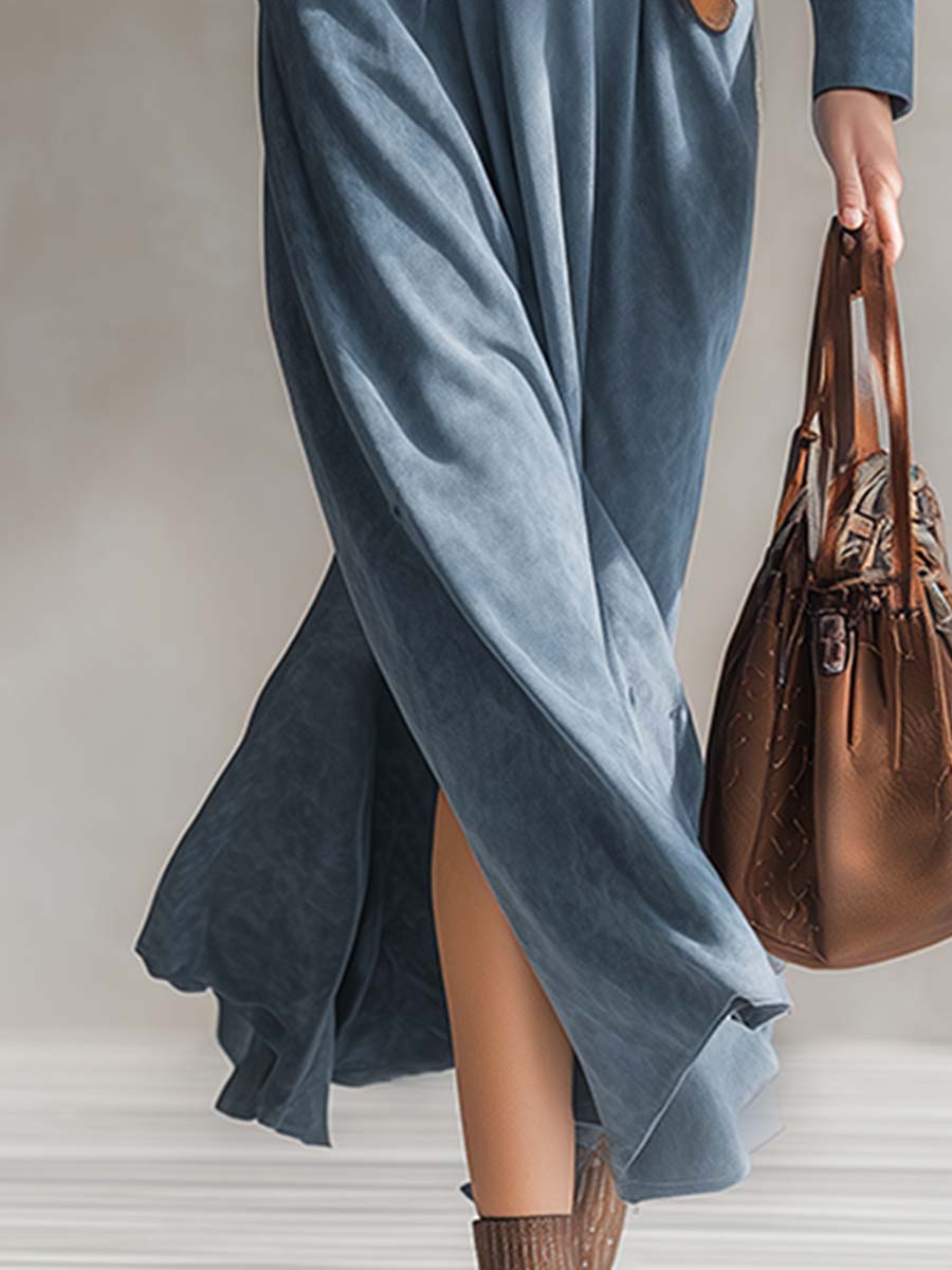 Maxi Robe en Faux Suède Bleu avec Col Western Chic